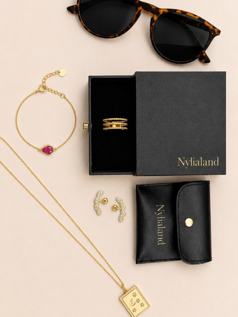 Nylialand Gold Jewelry Set | Ruby Stone Bracelet & Star Pendant